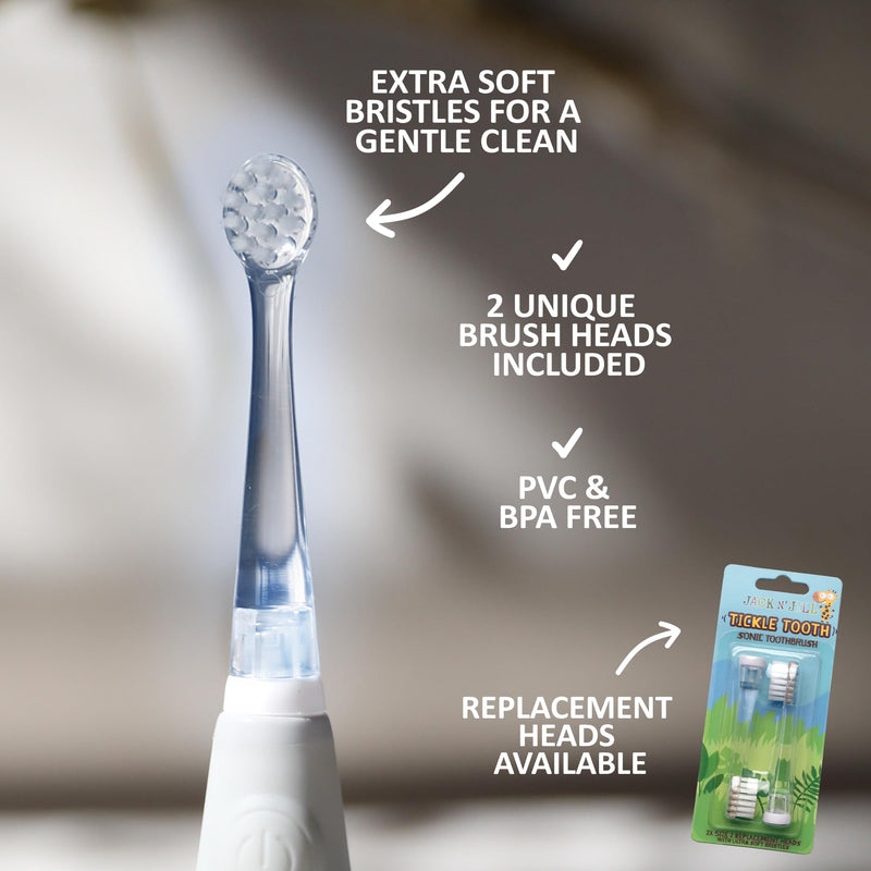[Australia] - Jack N' Jill Tickle Tooth Sonic Electric Toothbrush with Replacement Head - Gentle Cleaning, Made for Tiny Teeth, LED Inspection Light, for Babies & Kids, Extra Soft Bristles - (1 Pack) 