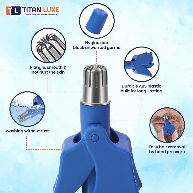 Stainless Steel Hair Trimmer for Men and Women | Manual Nose and Ear Hair Trimmer | Nose Clippers, 360° Rotating Hair Trimmers | Washable Nose Hair Remover Blue (Abs Plastic) 1