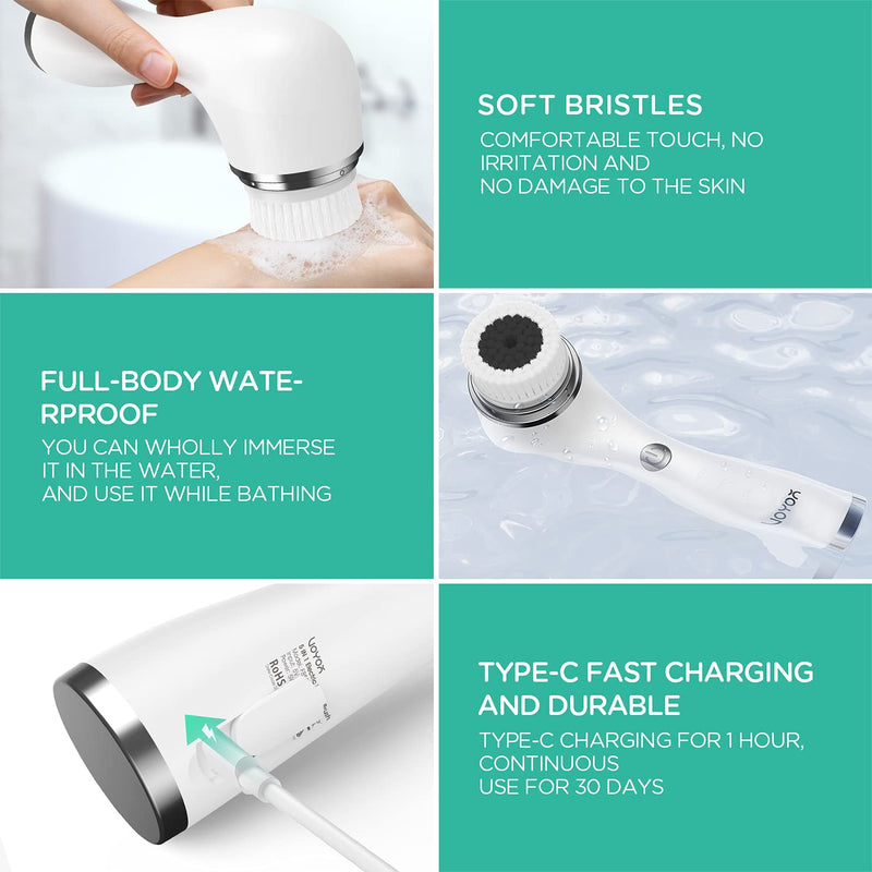 [Australia] - VOYOR Facial Cleansing Brush Rechargeable, Spin Face Brush Waterproof 5-in-1 Body Brush Set for Deep Skin Cleansing, Gentle Exfoliating and Massaging FB500 (White) White 
