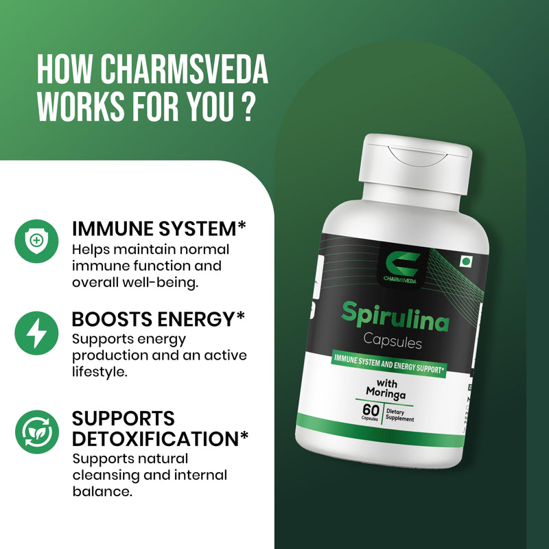 Spirulina Capsules with Moringa | Superfood Supplement for Energy, Immune Support & Daily Wellness | 60 Vegan Capsules