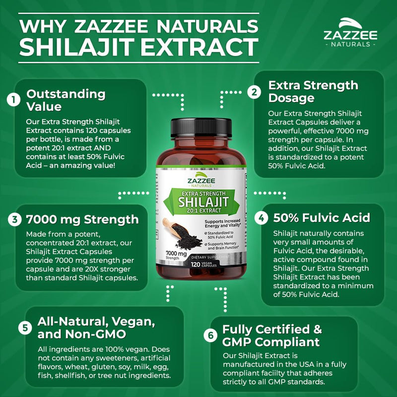 [Australia] - Zazzee 100% Pure Organic Himalayan Shilajit 20:1 Extract, 7000 mg Strength per Capsule, 50% Fulvic Acid, 120 Servings per Bottle, 20X Potency, Rich in Trace Minerals, Non-GMO, Vegan, Made in The USA 