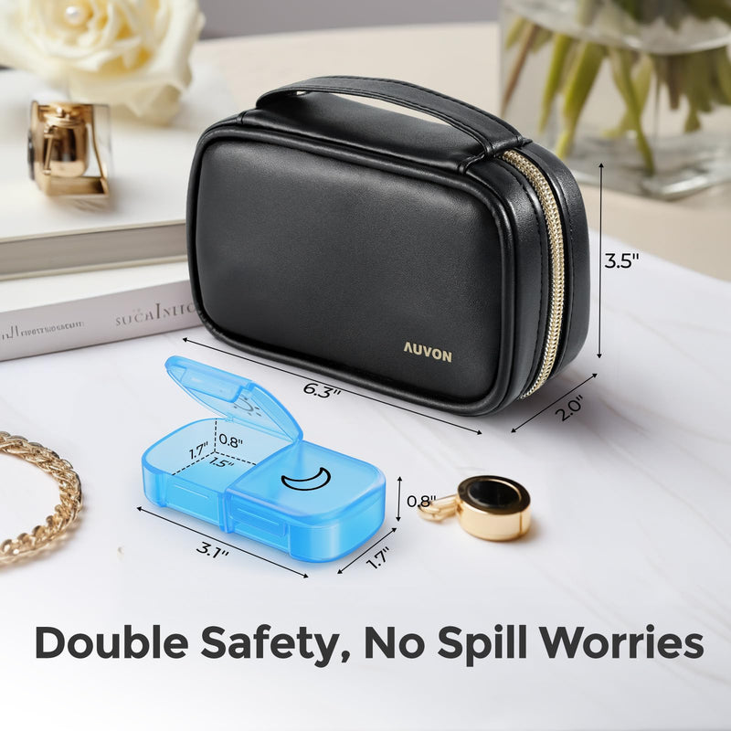 AUVON AM PM Pill Box 7 Day with PU Leather Bag, One-Sided Opening, BPA-Free | Weekly Pill Organizer 2 Times a Day, Portable Pill Case for Vitamins, Medication, Supplements, Dual-Protection