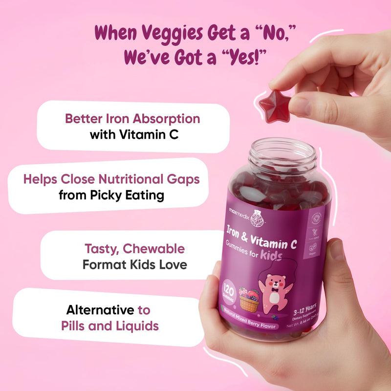 maxmedix Kids Iron with Vitamin C Gummies 120 Ct | Supports Iron Deficiency, Blood, Energy & Immune Health (4 Month Supply), 7mg Fe + 10mg Vit C | Pectin-Based Kids Iron Supplement, Vegan, Mixed Berry