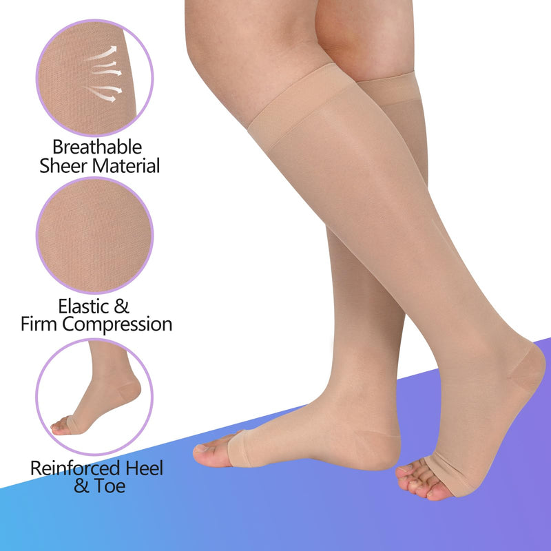 [Australia] - Sheer Compression Stockings for Women, 15-20 mmHg Knee High Circulation Support Stockings, Graduated Medical Compression Socks for Travel, Flight L Beige-Open Toe 