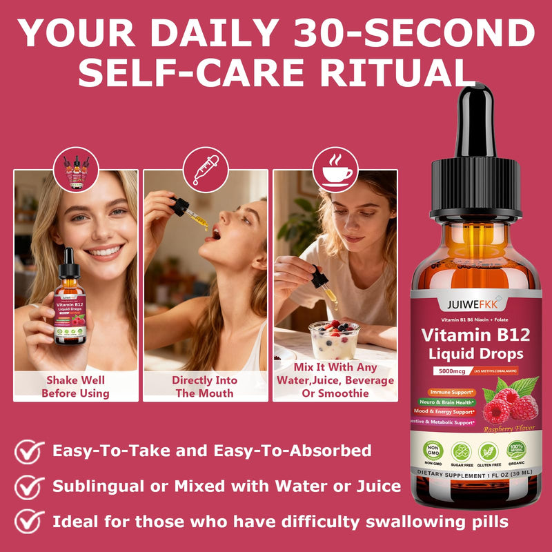 2 Pack Liquid Vitamin B12 Drops 5000 mcg - Extra Strength B12 Methylcobalamin with B1 B6 B3 Folate Niacin - Fast Absorption Sublingual B-12 Drops for Energy Metabolism & Brain Function Raspberry 1 Fl Oz (Pack of 2)