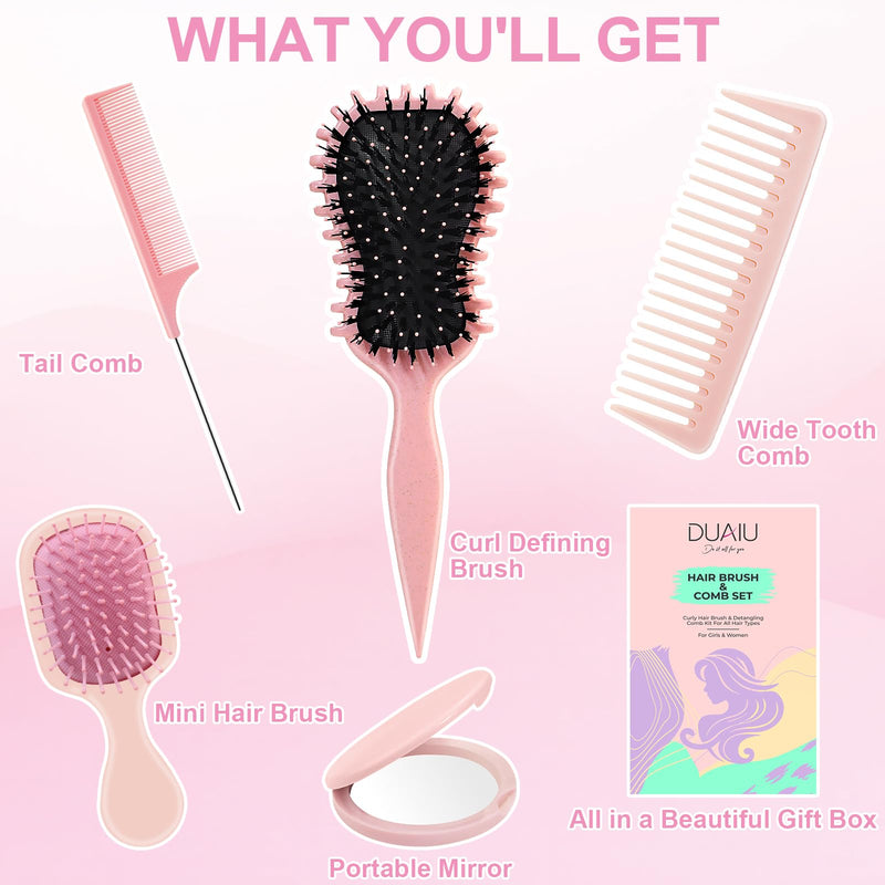 DUAIU 5Pcs Hair Brush Set, Curl Defining Brush for Detangling, Boar Bristles Paddle Brush and Wide Tooth & Rat Tail Comb Set with Travel-Sized Mirror, Hair Style Care Gift Kit for Women Men Kids(Pink) Pink