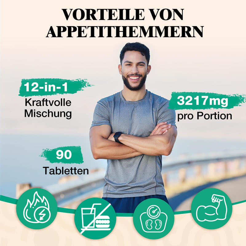 [Australia] - Appetite suppressant for men 3217 mg per serving, natural fat burners, high-dose glucomannan from konjac root, with green tea extract and chitosan, long satiety (90 pieces (pack of 1)) 90 pieces (pack of 1) 