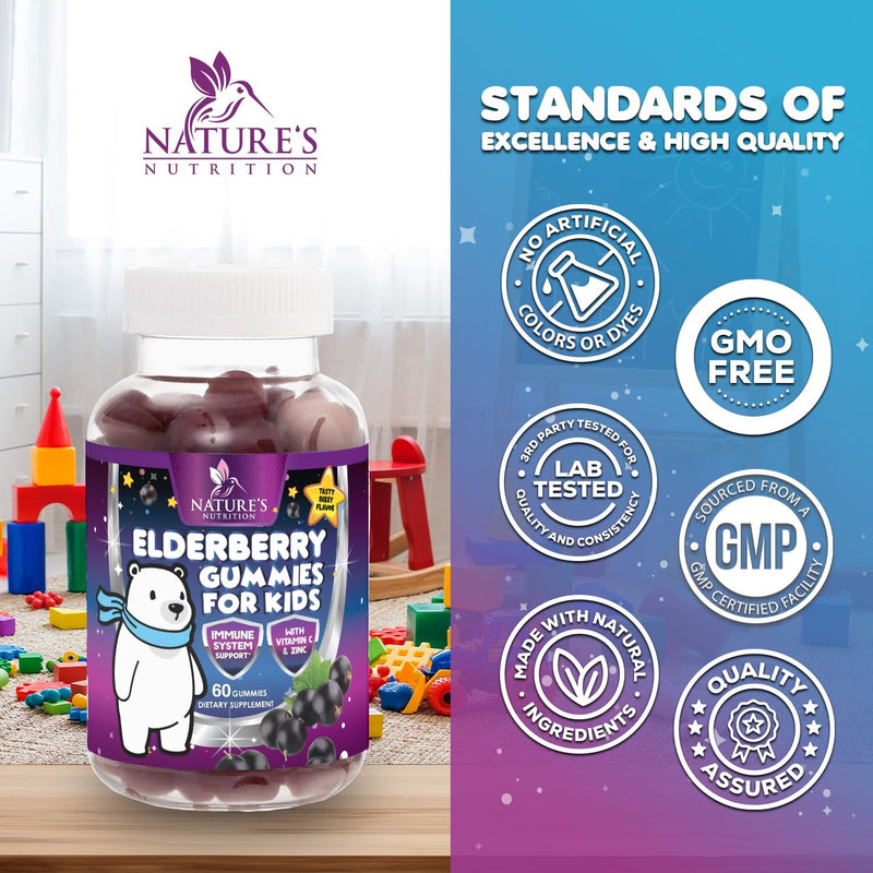 Kids Immune Support Elderberry Gummies - Daily Children's Vitamins C, Zinc & Kids Support Gummy - Nature's Sambucus Elderberry Supplement, Vegan, Gluten-Free, Tasty Berry Flavor - 60 Gummies 60 Count (Pack of 1)