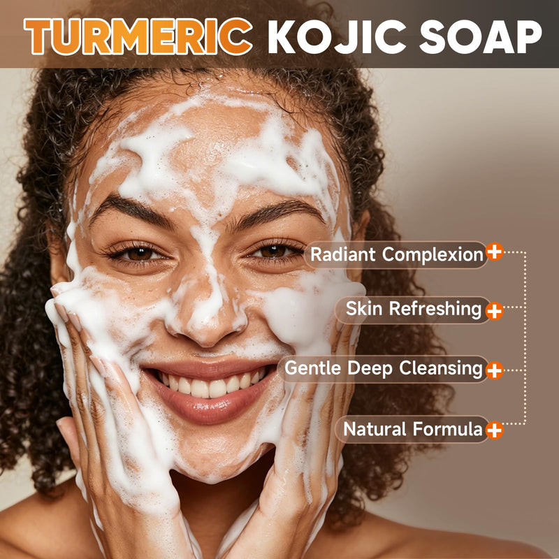3 Pcs 60g Turmeric Kojic Acid Soap Bars with Foaming Mesh Net | SLS-Free,Enriched with Retinol, Hydrolyzed Collagen, Vitamin E & Shea Butter, Mild Treatment for Facial,Body & Armpit Use
