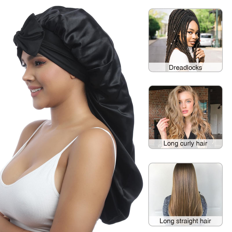 [Australia] - AWAYTR Long Satin Bonnet for Women - Double Layer Elastic Silk Bonnet for Braids Hair Sleeping Cap with Tie Band (Black) One Size Black 