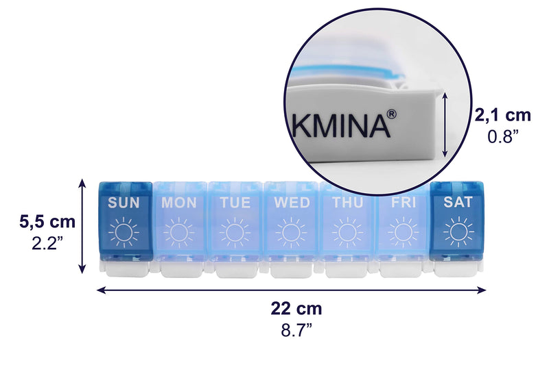 KMINA Extra Large Pill Organizer 3 Times a Day, Weekly Medicine, 7 Day Pills Box Case with Push Button for Big Vitamin Supplements, Patented, Made in Europe