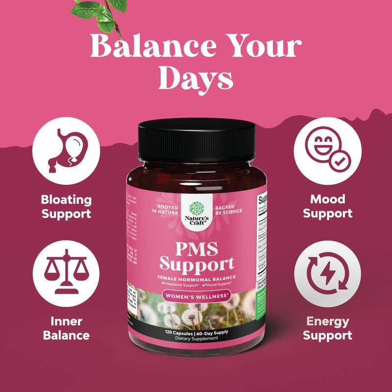 PMS Support Supplement for Women – Hormone Balance for Women & Menstrual Discomfort with DIM, Chasteberry, Black Cohosh & Ashwagandha - for Period Cramps Ease, Menopause Bloating, Mood Swing – 120 Ct 120 Count (Pack of 1)