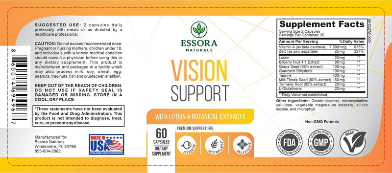 Lutein 20mg with Bilberry Extract, Vitamin A & Zinc - Eye Health & Vision Support Supplement - Antioxidant Formula - Non-GMO - 60 Capsules