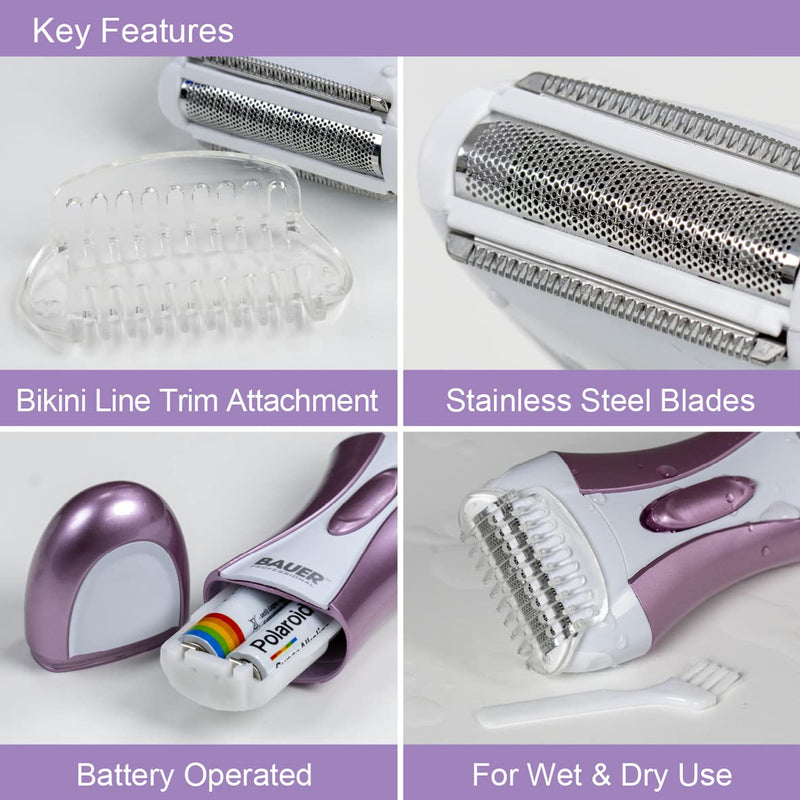 [Australia] - Bauer Professional 38730 Soft & Smooth Lady Shaver/Painless Hair Removal/Arms, Legs and Bikini Trimmer/Battery Operated/Wet and Dry Shaving/Bikini Trimmer Attachment/ 