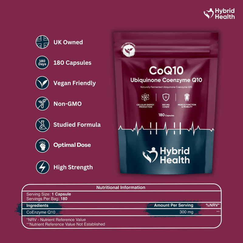 Hybrid Health Ubiquinone Coenzyme Q10 300 MG Supplement | 180 Vegan CoQ10 Capsules | Super Strength Vegan Friendly Naturally Fermented CoQ10 Supplement | Non-GMO | 6 Months Supply 180 count (Pack of 1)