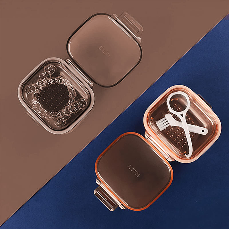 [Australia] - Retainer Case, Retainer Cleaner Case, Unique Denture Bath with Drain Tray, Suitable for Dentures, Denture Bridges, Partial Dentures, Traditional Braces, Etc. (Orange) 