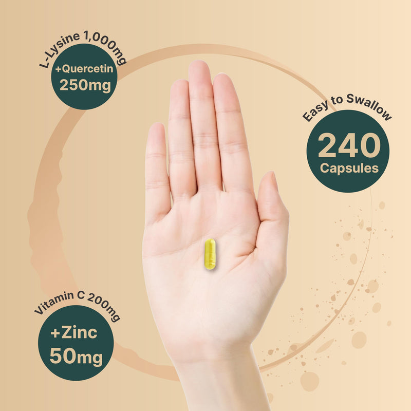 [Australia] - NatureBell L-Lysine 1,000mg Capsules + Quercetin 250mg with Vitamin C and Zinc, 240 Count | Free Form Amino Acids, L Lysine Complex | Immune Support, Lip & Skin Health Supplement 