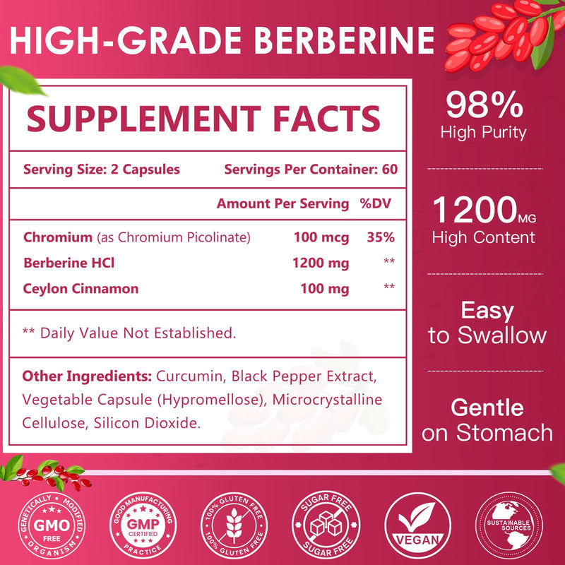 [Australia] - NATURE TARGET Berberine HCl 1200mg, Berberine Supplement with Ceylon Cinnamon, Chromium - Supports Immune, Gastrointestinal & Heart Health, Non-GMO, 120 Capsules 120 Count (Pack of 1) 