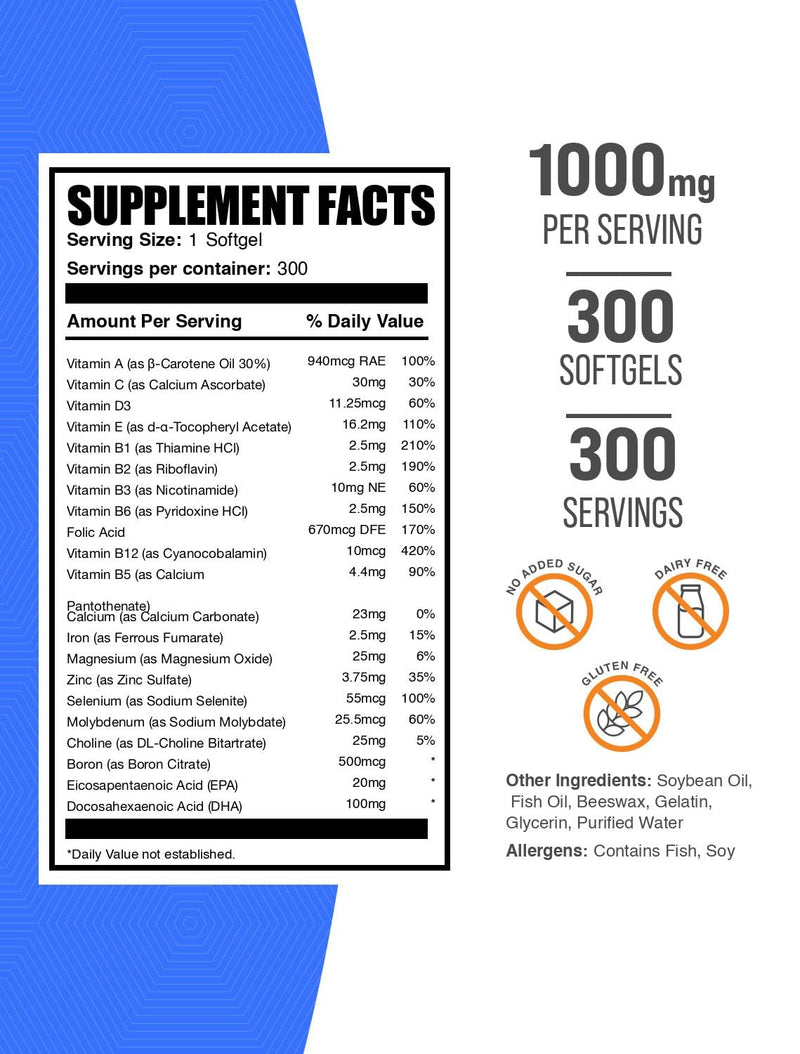 BulkSupplements.com Multivitamin for Men Softgels - Daily Multivitamin Supplement, Multimineral for Men with Fish Oil - Gluten Free, 1 Softgel per Serving (1000mg), 300 Count (Pack of 1)