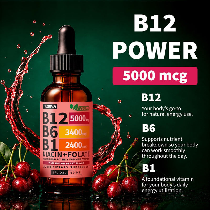 NUSAVA B12 Liquid Drops 5000mcg, Watermelon Berry, Pack of 2 | Energy, Brain and Heart Support, Methylcobalamin B12 with B6 and B Complex, Vegan, Sublingual Drops for Women and Men 2 Fl Oz (Pack of 2)