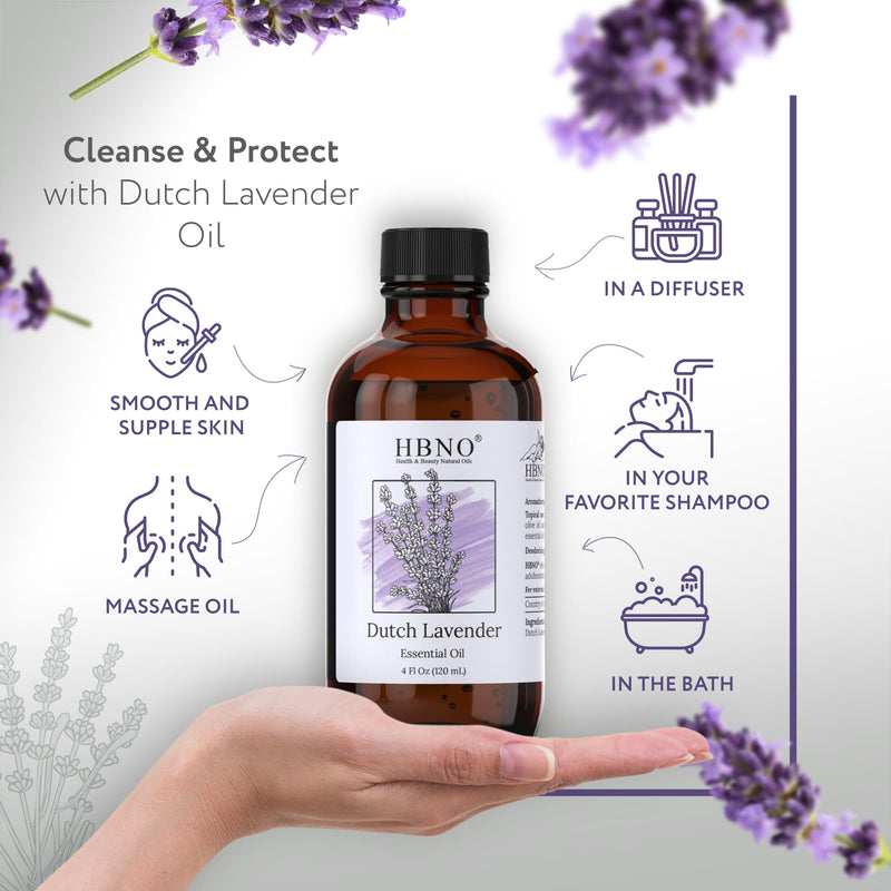[Australia] - HBNO® California Bottled Dutch Lavender Essential Oil 4 fl oz (120ml) - Natural Lavender Oil for Skin, Perfect for Cleaning, Aromatherapy, DIY & Diffuser - Lavender Oil Essential Oil 4 Fl Oz (Pack of 1) 