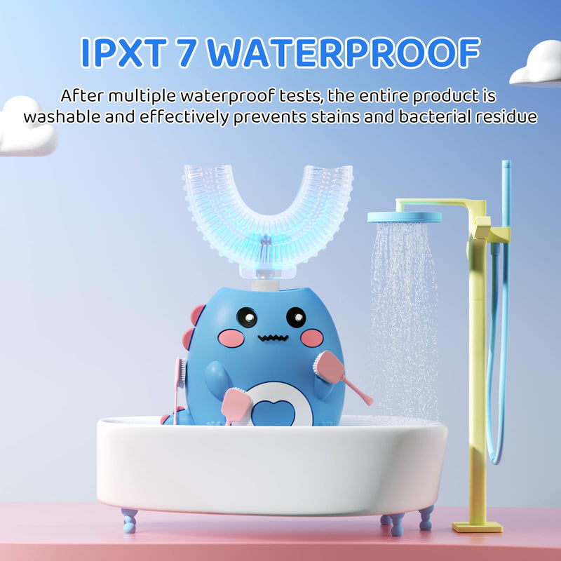 Kids U Shaped Electric Toothbrush, with 3 Cleaning Modes, with 4 Brush Heads, 360° Sonic Automatic Toothbrush, IPX7 Waterproof Cartoon Dinosaur Design (Ages 2-12) Dark Blue