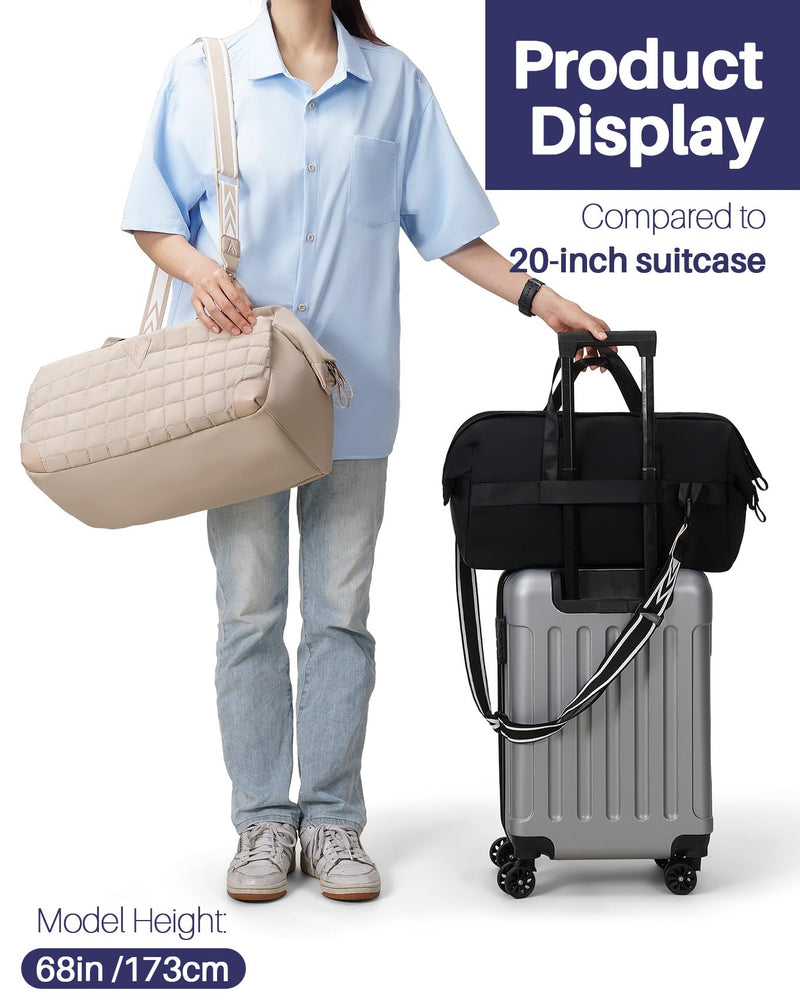 Duffle Bag, Women Weekender Travel Carry On Gym, 25L Water Resistant | Built-In Wet Pocket, Lightweight, Removable Crossbody Strap, Stain Resistant Nylon, Luggage Sleeve, for Yoga Overnight Trip Camel