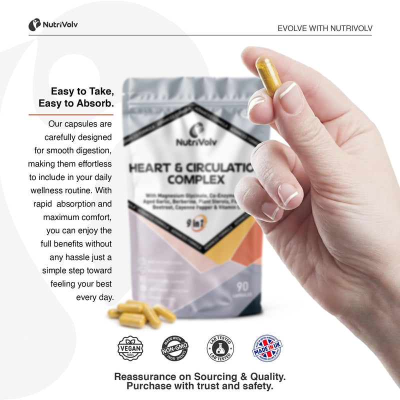 Heart & Circulation Complex | 90 Capsules | Healthy Circulation, Blood Pressure, Energy, Heart Support | Antioxidant | Fish Oil, CoQ10, Magnesium, Aged Garlic, Beetroot & More | UK Made | by NutriVolv