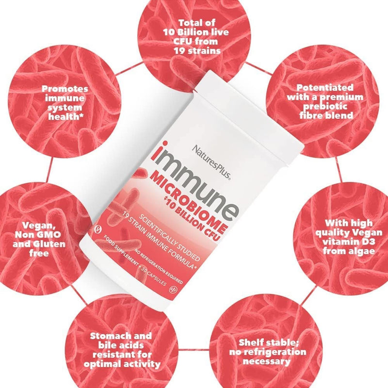 NaturesPlus Immune Microbiome 10 Billion CFU - Immune Support Probiotic Supplement -19 Strains, Prebiotics and Vitamin D3 - Vegan, Gluten Free - 30 Capsules
