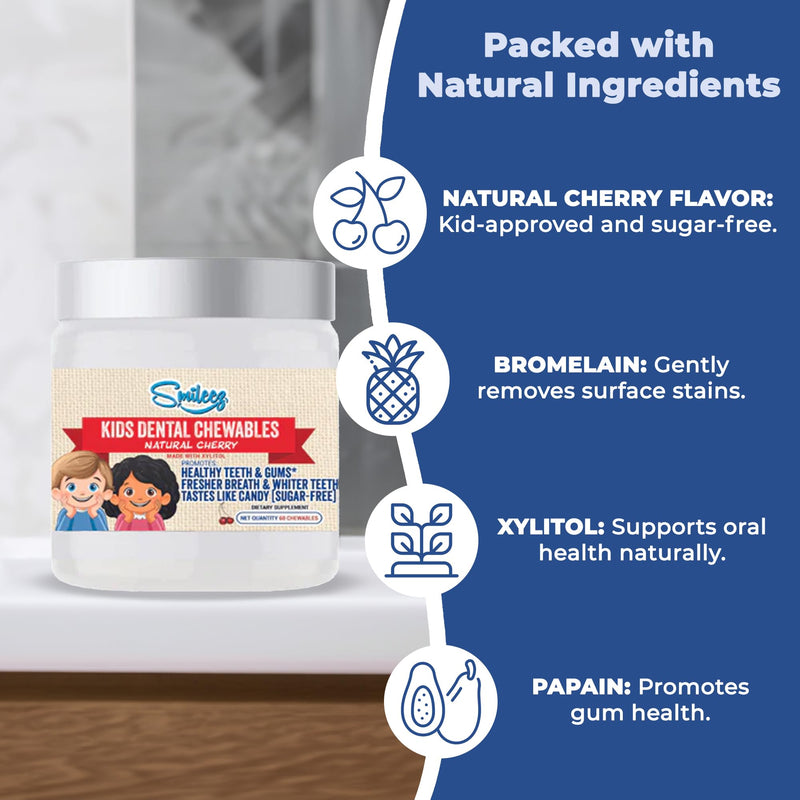 [Australia] - Kids Dental Chewables – Sugar-Free with Xylitol, Papain & Bromelain – 60 Tablets – Fights Cavities, Freshens Breath, Supports Gums & Enamel – Natural Cherry Flavor 1 