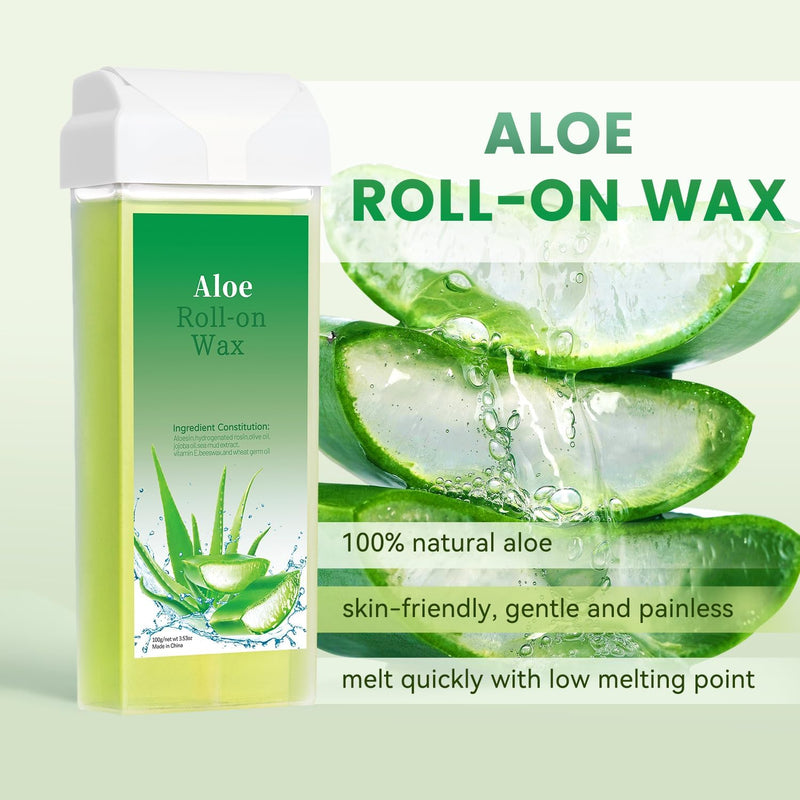 [Australia] - Roll On Wax Refill, Hair Removal Wax Cartridge, Depilatory Wax Roller Refill for Legs and Arms. with 4 Aloe Wax Rollers, 50 Waxing Strips,5 Clean Oil 