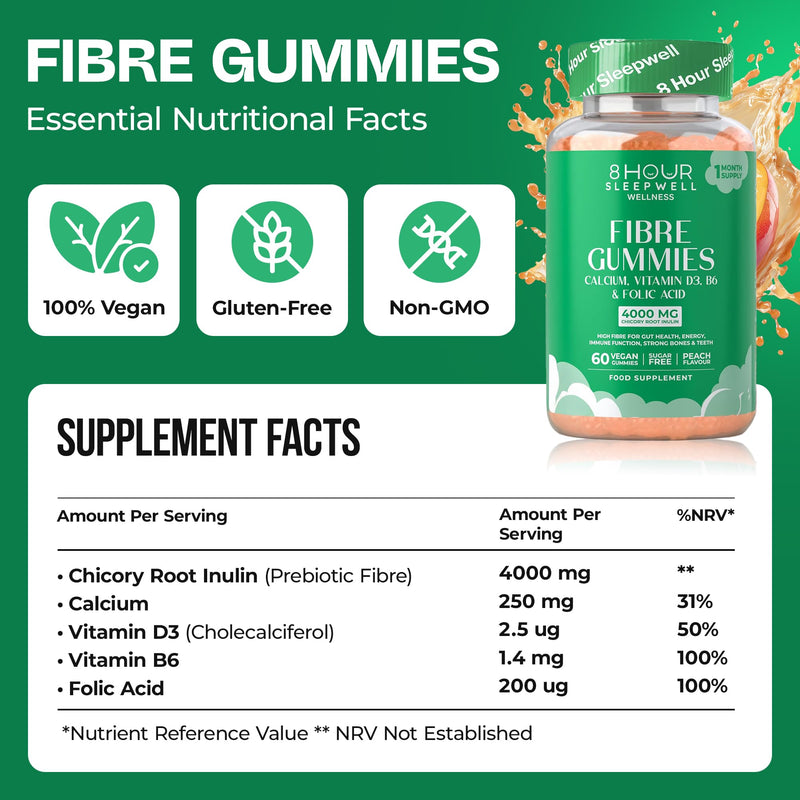 Fibre Gummies – 4g High Fibre Supplements | Gut Health & Digestion System Support | Vegan, Gluten-Free, Sugar-Free | Inulin, Calcium, Vitamin D3, B6 & Folic Acid | 1 Month Supply | Peach Flavour