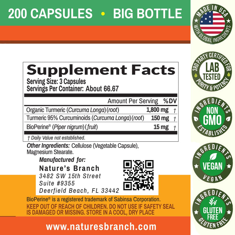 [Australia] - Turmeric Curcumin with Black Pepper BioPerine - 𝟮𝟬𝟬 𝗖𝗔𝗣𝗦𝗨𝗟𝗘𝗦 - Extra Strength 1965mg Joint Support Supplement, High Absorption, Made in USA with Organic Powder Vegan Extract Complex Pills 