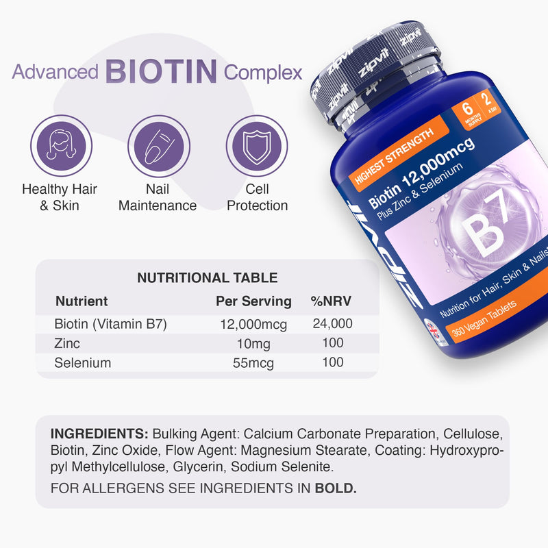 Zipvit Biotin Hair Skin & Nails Complex with Zinc & Selenium 12000mcg, 360 Vegan Tablets, High Strength Biotin for Men and Women 360 Tablets - Jar
