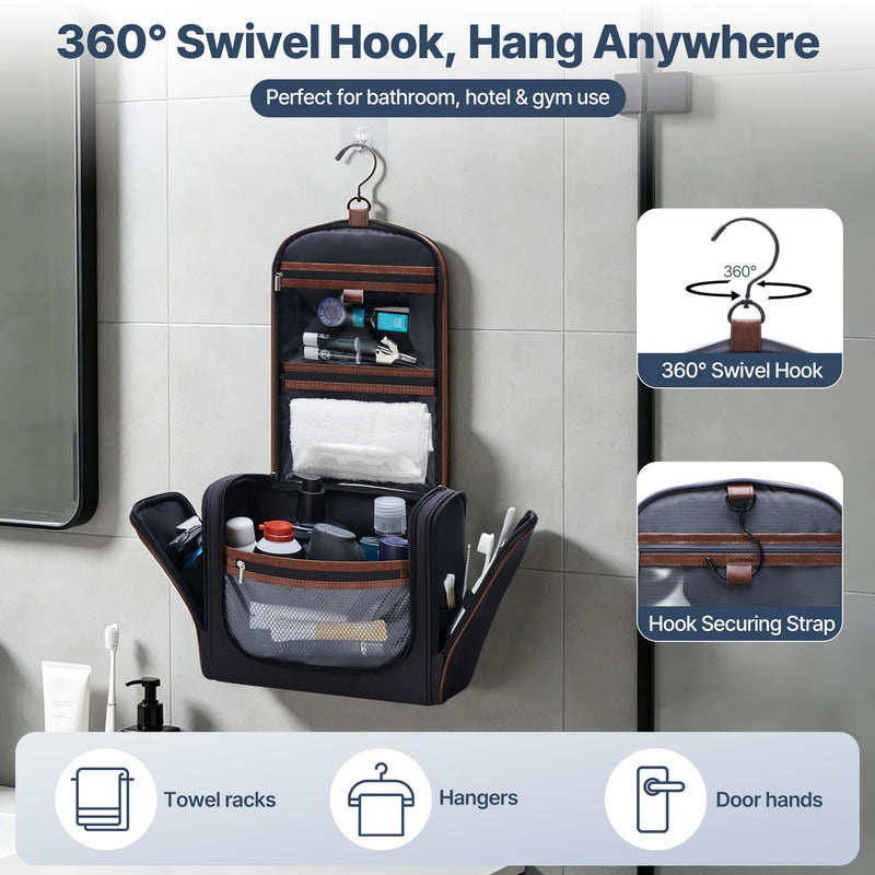 ZAHNI Men’s Hanging Toiletry Bag, Large Capacity Toiletry Organizer | Water-Resistant Toiletry Bag With 360° Hook, Multiple Compartments For Grooming & Shaving, Ideal For Travel & Business, Black