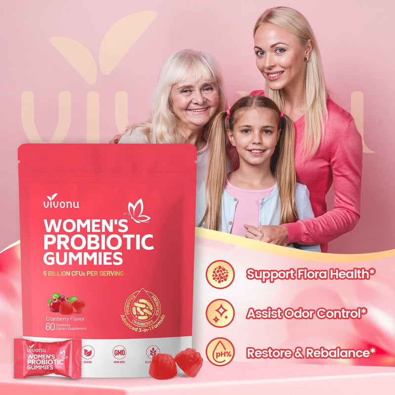 VivoNu Viginal Probiotic for Women, Women Probiotic Gummies, 60 Gummies | Feminine Balance Gummies, Cranberry Probiotics for Woman Vaginigal Health, Yeast Ph Balance 120P/2Bags