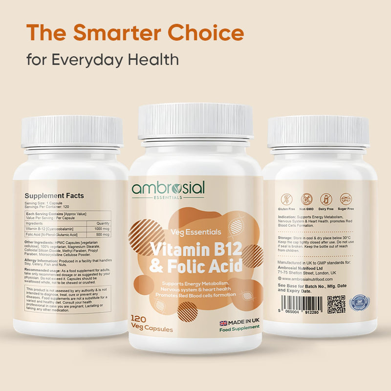 Ambrosial Vitamin B12 1000 mcg (Cyanocobalamin) & Folic Acid Tablets 500 mcg – Dual Formula in One Capsule – B12 Supplement for Women & Men –Vegan, GMP Certified – 120 Capsules (4 Months Supply)