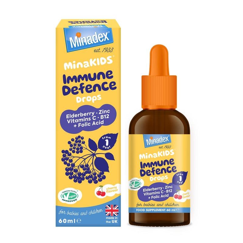 MinaKIDS Immune Defence Drops - Yummy Cherry Flavoured Liquid Supplement for Babies and Children with Elderberry, Zinc, Vitamin C & B12 and Folic Acid, Sugar-Free, Vegan, 60ml