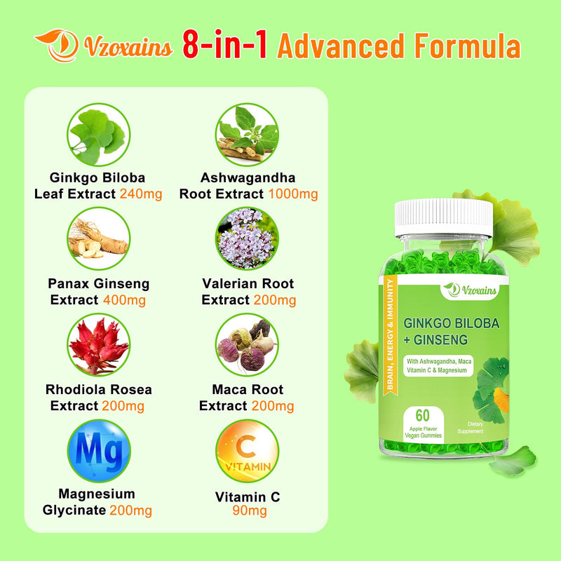 [Australia] - Ginkgo Biloba Gummies with Ginseng Maca Root & Magnesium Organic Ginko Biloba Supplements Gummies for Brain Focus Energy Mood Memory - Adults & Kids… 60 Count (Pack of 1) 