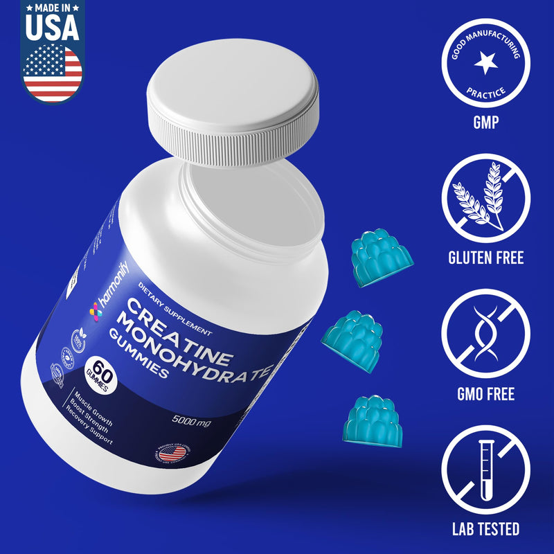 Creatine Monohydrate Gummies 5000mg – High Strength Creatine Gummies for Men & Women – 60 Vegan Gummies – Sugar Free Pre Workout & Muscle Recovery Supplement – Gluten Free & Non-GMO