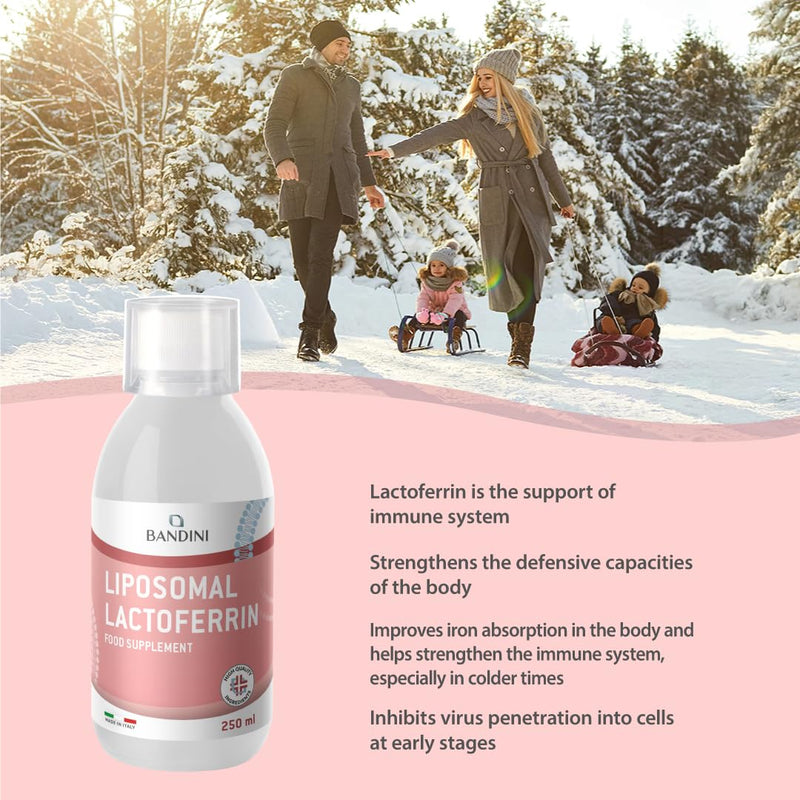 Bandini® Liposomal Lactoferrin Liquid | High Strenght, High Bioavailability & Absorption | for Iron Absorption & Immune Function | A Component in Colostrum | No Additives, Laboratory Tested | 250ml