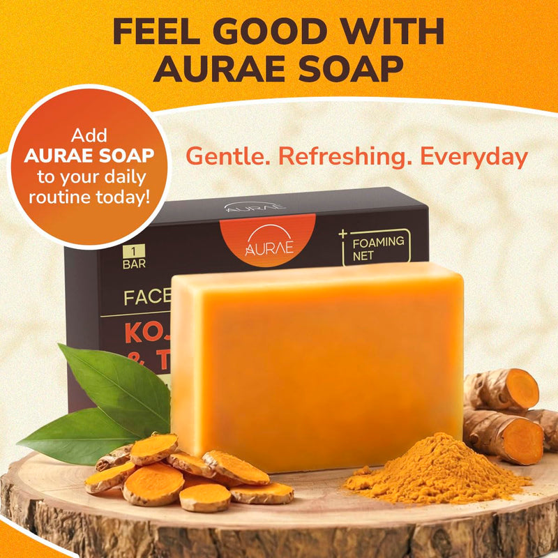 AURAE Kojic Acid & Turmeric Soap Bar for Clear, Hydrated Skin, Gentle Face & Body Cleanser with Vitamin C, Retinol, Collagen & Hyaluronic Acid, Paraben & SLS Free ((3.5oz x 2 Bars) 2 Bar Kojic Acid & Turmeric