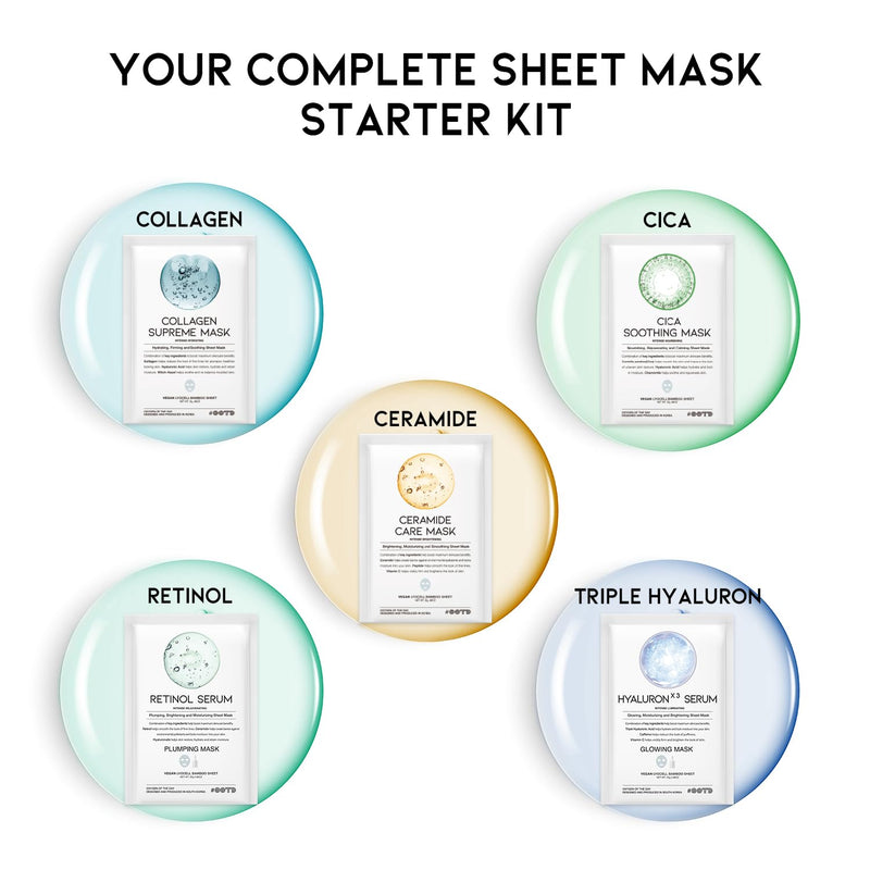 #OOTD Sheet Mask Kit with Collagen,Cica,Ceramide,Vitamin C,Retinol(5-Pack) | Korean Vegan sheet mask gift set with Cica & Retinol; Collagen, Ceramide & Hyaluron hydrate, soothe & firm skin [5 Count] Collagen+Cica+Ceramide+Hyaluron+Reinol