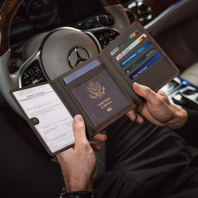 Polare Full Grain Leather Pilot Wallet Passport Holder RFID Blocking Trifold Wallet for Men Travel Cover Document Organizer for Aviation Professionals Dark Brown