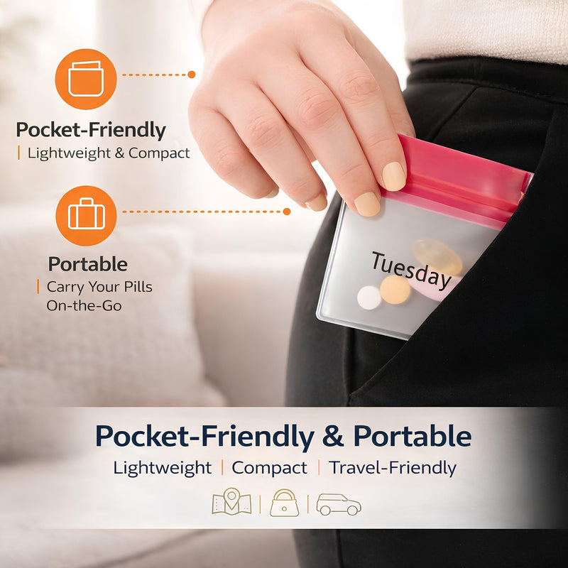 7 Day Pill Pouches Set with Labels, Reusable Silicone Pill Pouch Bags, Travel Medicine Organizer with Pill Cutter, Durable Vitamin Bags for Daily Dose 7 Count (Pack of 1) Black