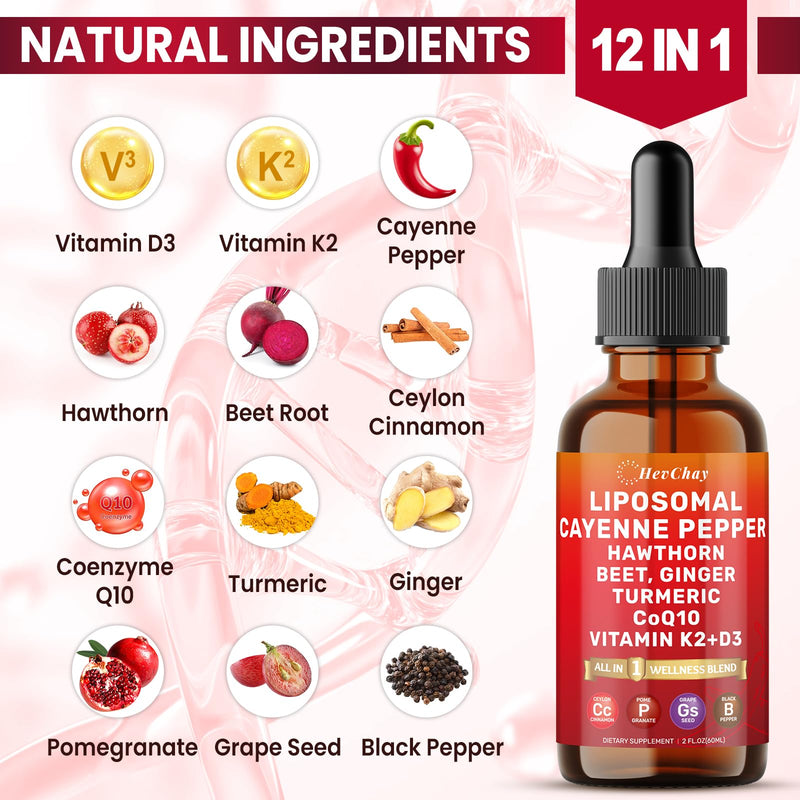 [Australia] - Cayenne Pepper Drops Liposomal Supplement Liquid + Hawthorn Berry, Vitamin D3 K2 Beet Root Powder, Ceylon Cinnamon, CoQ10, Turmeric Curcumin, Cayenne Pepper Extract - 2oz 2 Fl Oz (Pack of 1) 