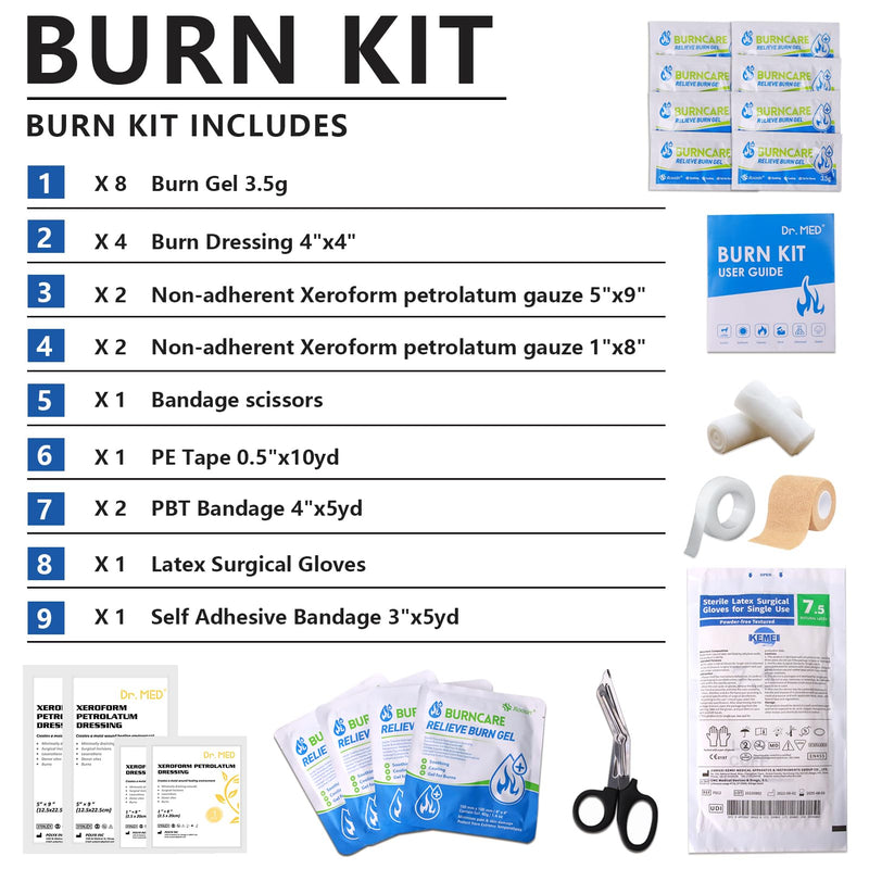 [Australia] - Dr.Med Burn Kit, 4pcs Burn Dressings 4x4”, 8pcs Burn Gel 3.5g, 4pcs Non-adherent Xeroform Petrolatum Gauze, Burn First Aid Cooling Soothing Cream with Bandage, Latex Surgical Gloves, Scissors, Tape 