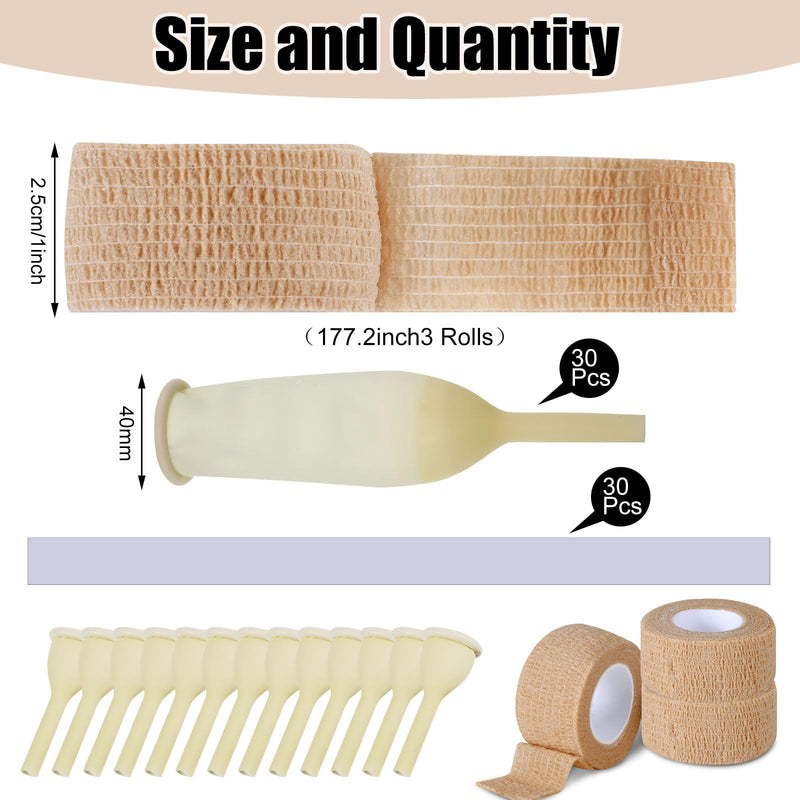 [Australia] - 30 Pcs Male External Catheter Kit Condom Catheter Urinal Bag Latex External Catheter for Men Catheter Supplies External Catheters with 3 Rolls Male External Catheter Fixer(40mm) 40mm 