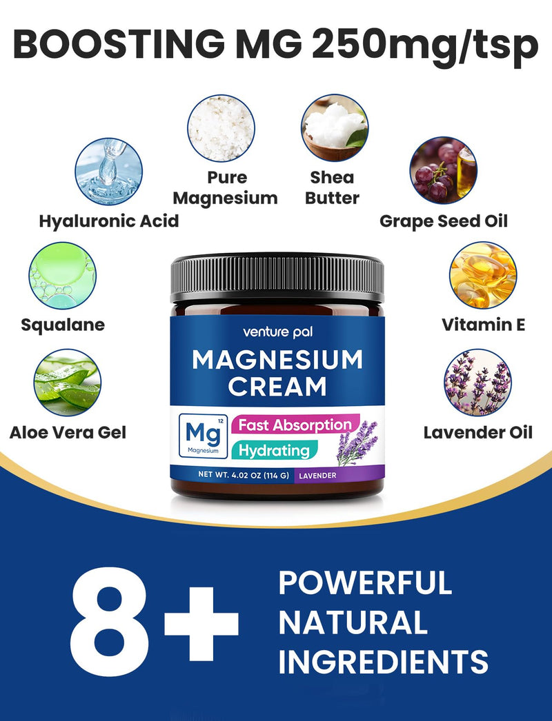 Venture Pal Topical Magnesium Cream, Highly Concentrated Magnesium Lotion | Fast-Absorbing Magnesium Moisturizing Cream with Coconut Oil, Shea Butter & Hyaluronic Acid; Suitable for Kids 4 Fl Oz (Pack of 1) V1-Lavender