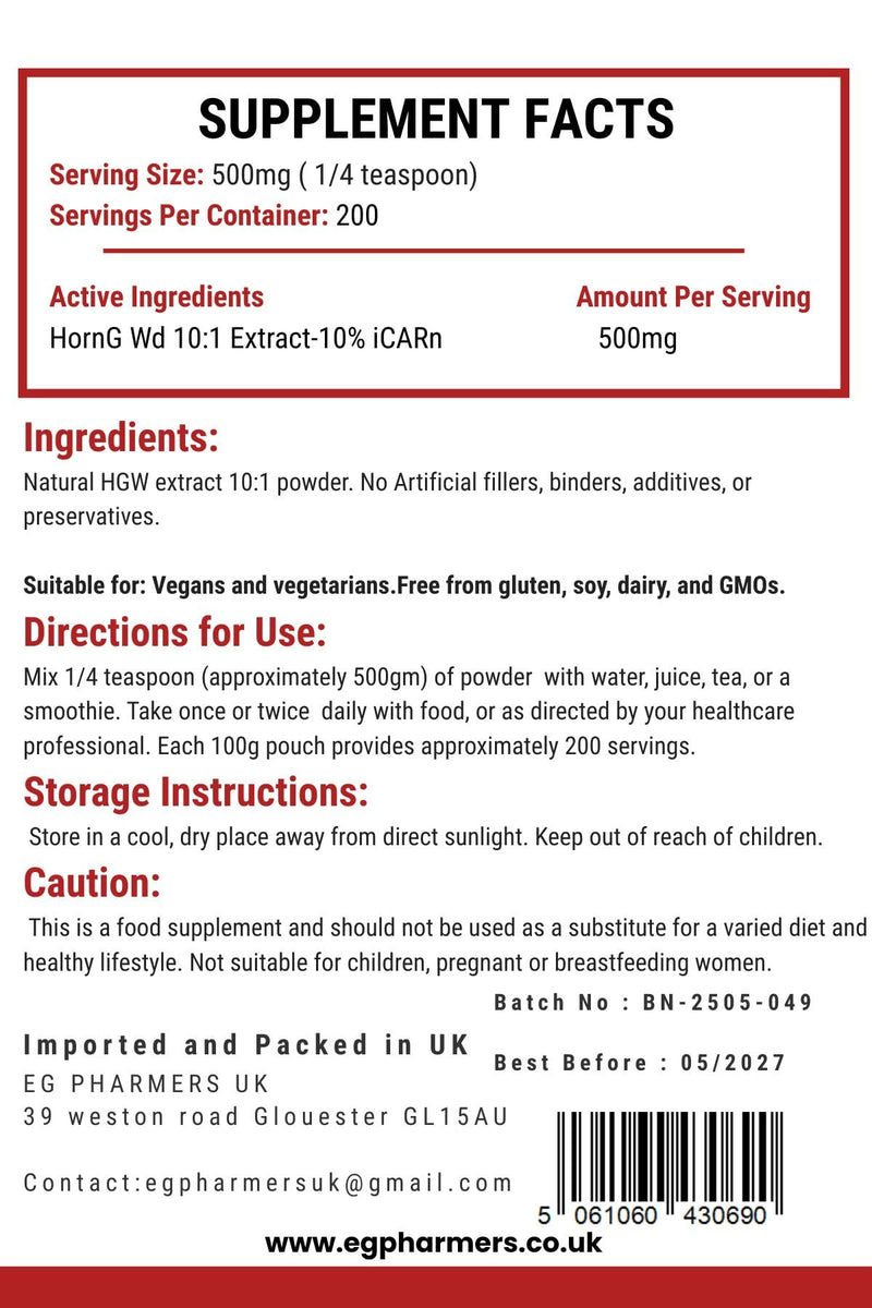 HornGoatPlus Extract 10:1 Powder – Herbal Ext Powder – 100g | Fast Absorption | Vegan, Lab Tested, Non-GMO | 200 Servings – No Fillers